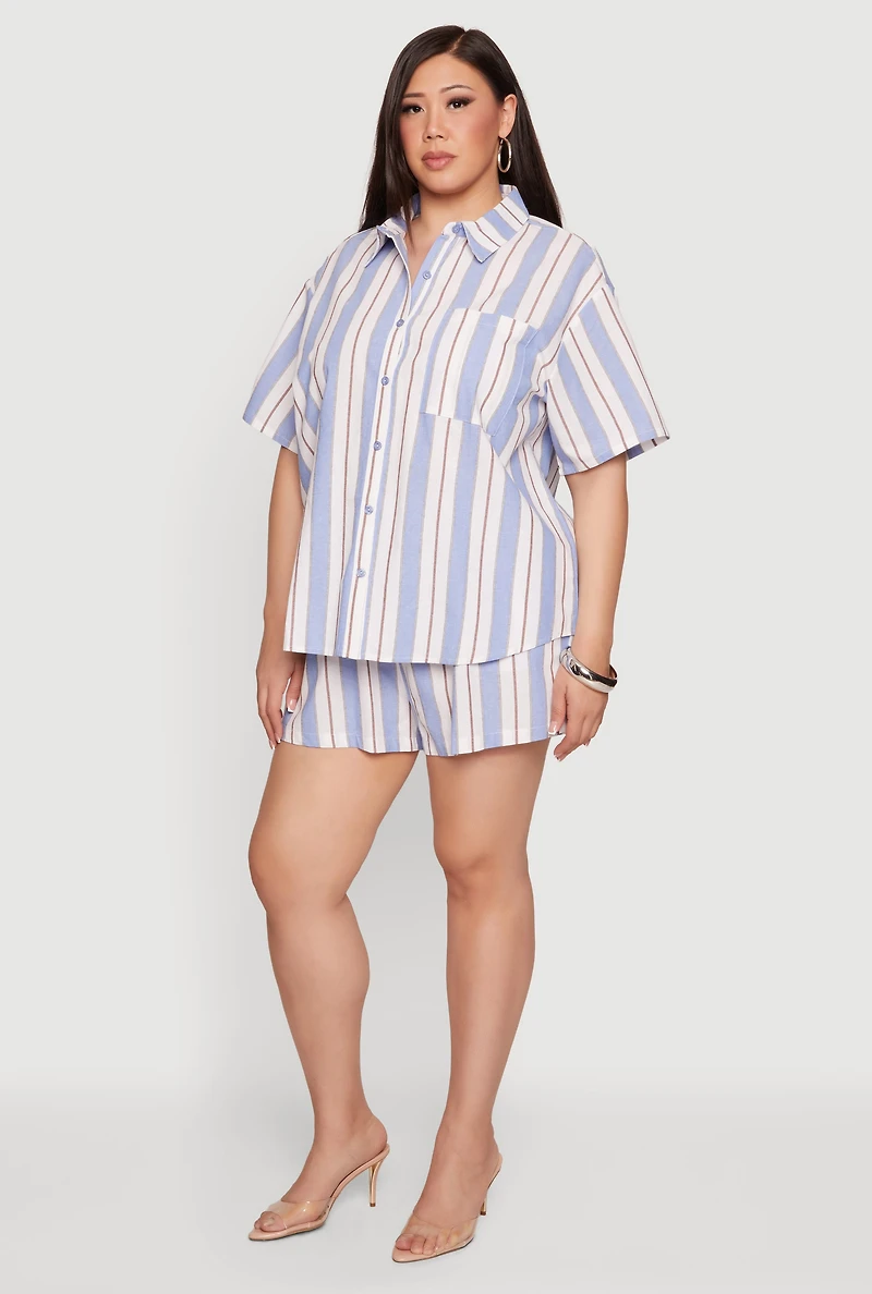 Plus Striped Short Sleeve Button Front Shirt