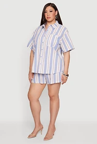 Plus Striped Short Sleeve Button Front Shirt
