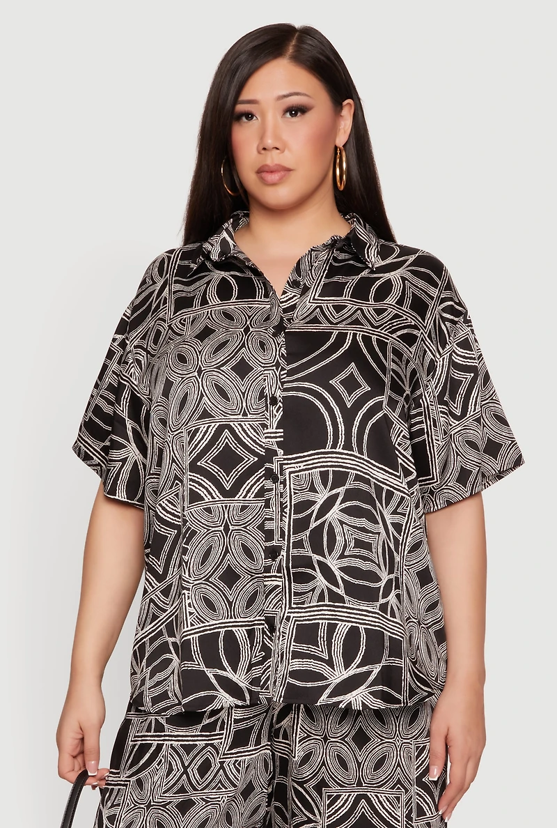 Plus Geometric Print Button Front Tunic Blouse