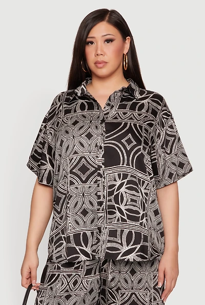 Plus Geometric Print Button Front Tunic Blouse