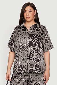 Plus Geometric Print Button Front Tunic Blouse