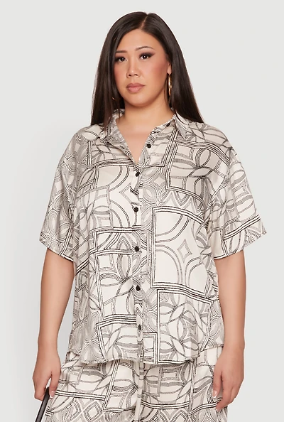 Plus Geometric Print Button Front Tunic Blouse