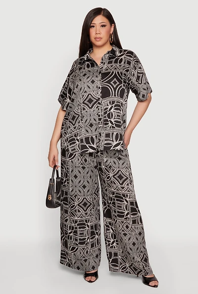 Plus Geometric Print Wide Leg Pull On Pants