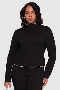 Womens Plus Textured Knit Contrast Trim Mock Neck Top, Black,