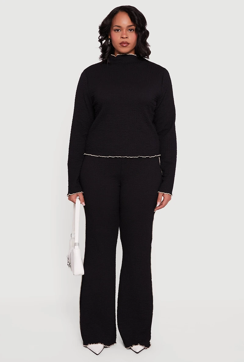 Plus Textured Knit Contrast Trim Mock Neck Top