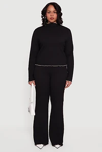 Plus Textured Knit Contrast Trim Mock Neck Top