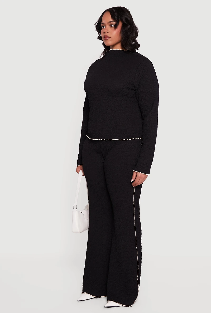 Plus Textured Knit Contrast Trim Mock Neck Top