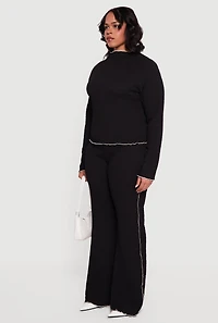 Plus Textured Knit Contrast Trim Mock Neck Top