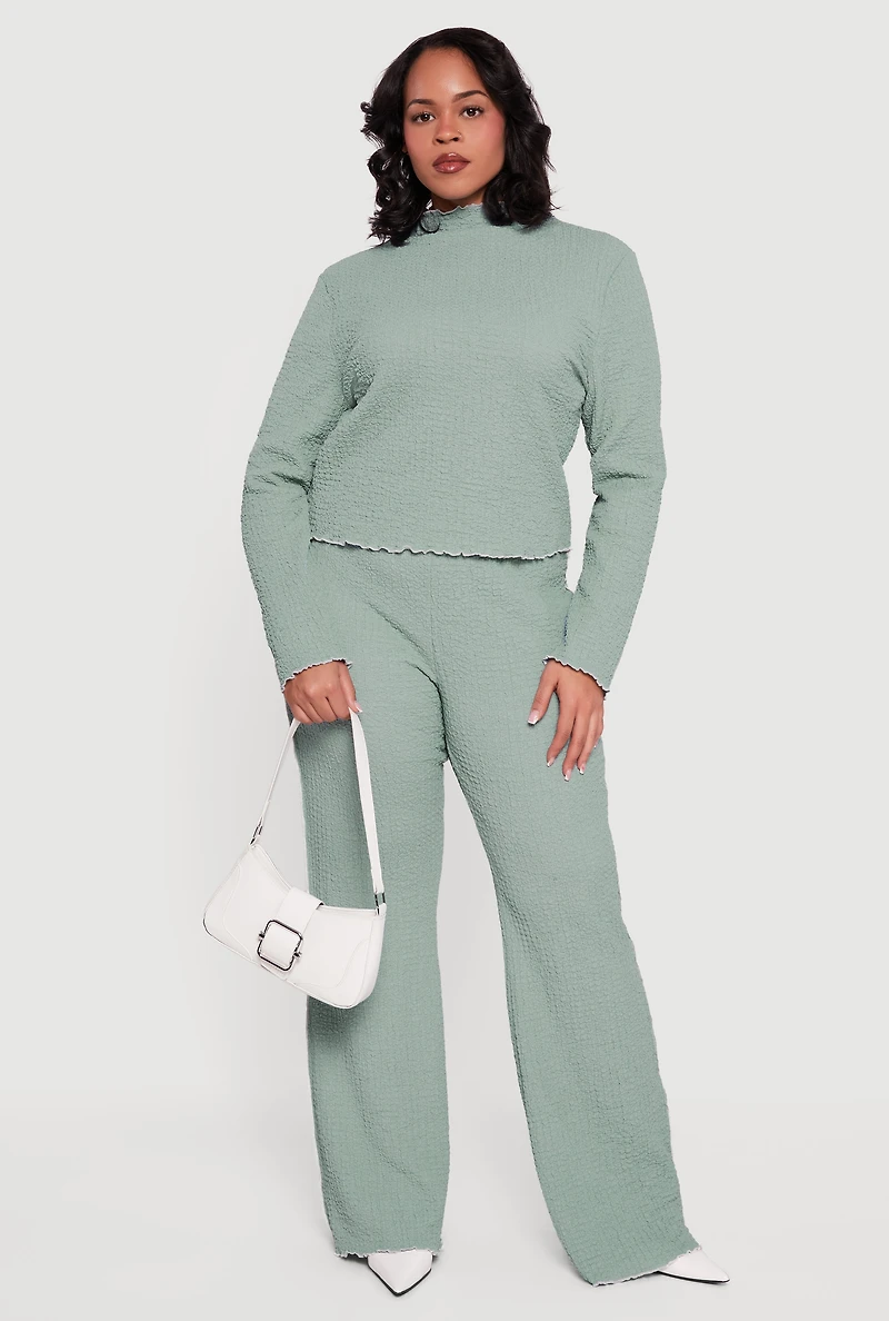 Plus Textured Knit Contrast Trim Mock Neck Top