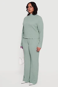 Plus Textured Knit Contrast Trim Mock Neck Top