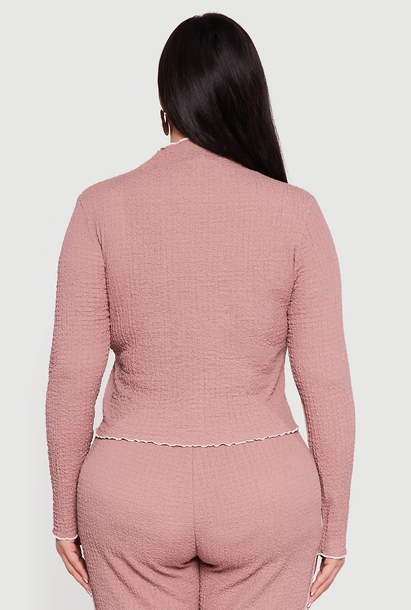 Plus Textured Knit Contrast Trim Mock Neck Top