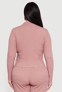 Plus Textured Knit Contrast Trim Mock Neck Top