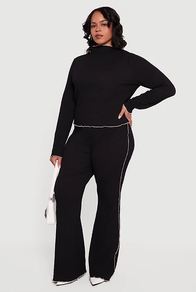 Plus Textured Knit Contrast Trim High Waisted Pants