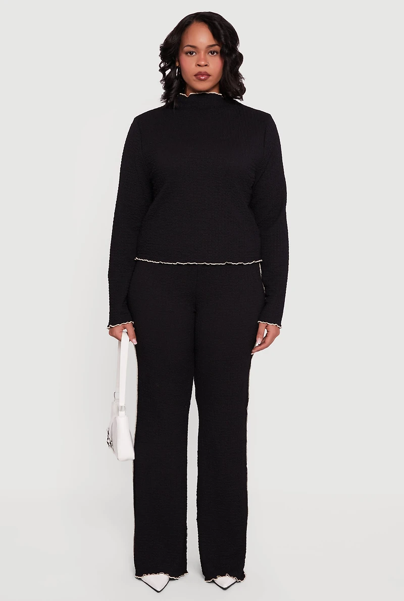 Plus Textured Knit Contrast Trim High Waisted Pants