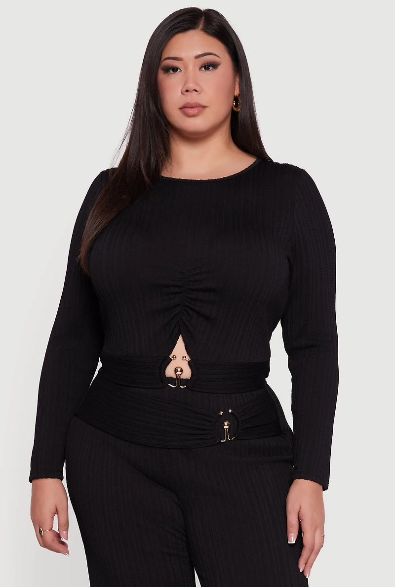 Plus Rib Knit Metallic O Ring Keyhole Detail Top