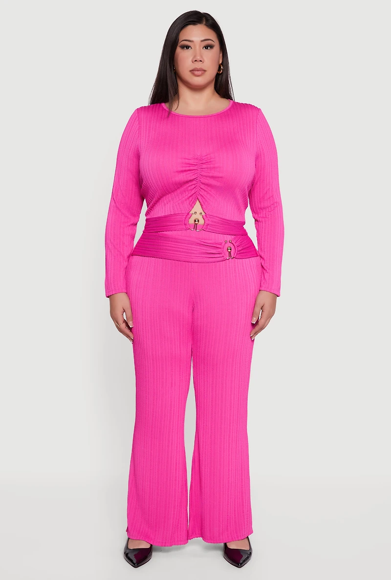 Plus Rib Knit Metallic O Ring Keyhole Detail Top