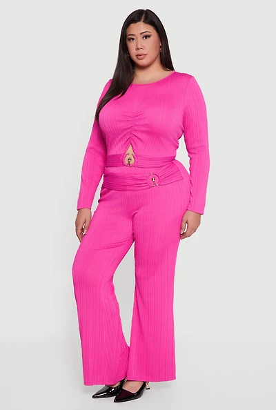 Womens Plus Size High Waisted Metallic O Ring Flare Pants, Pink, Size 2X