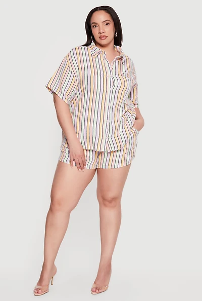 Plus Striped Drawstring High Waisted Shorts