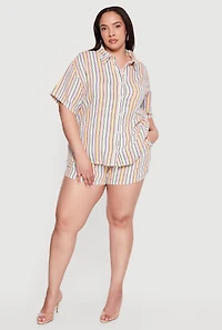 Plus Striped Drawstring High Waisted Shorts