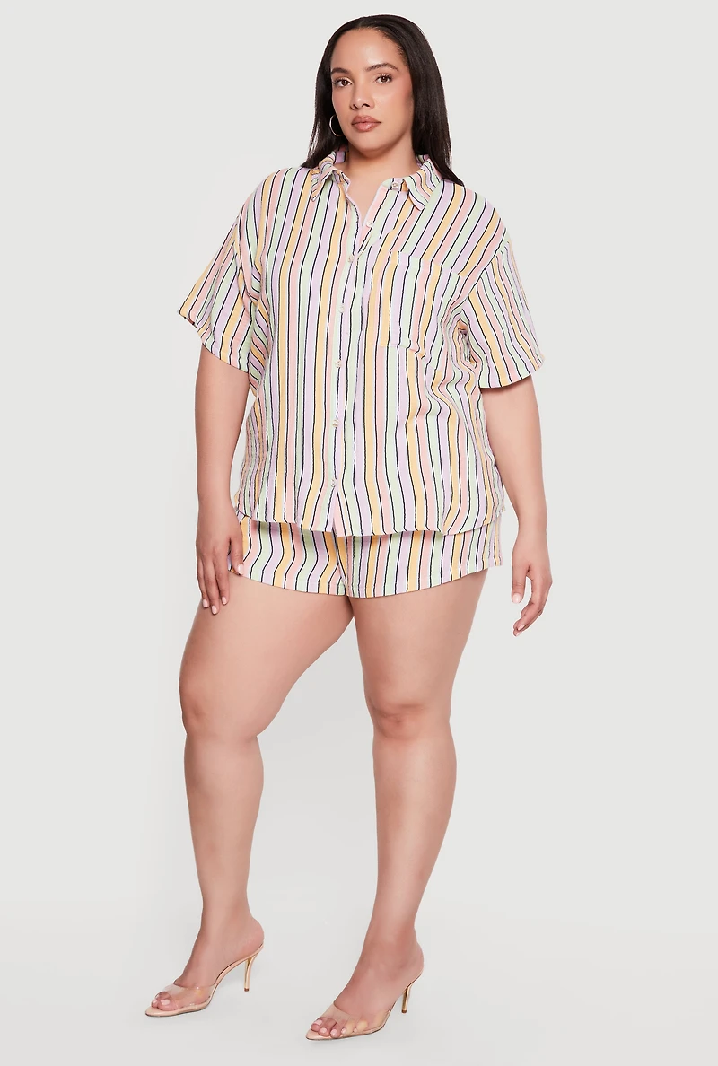 Plus Striped Drawstring High Waisted Shorts