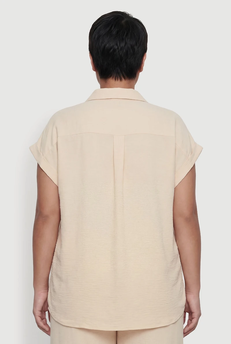 Plus Crepe Knit Button Front Pocket Detail Shirt