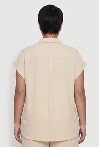Plus Crepe Knit Button Front Pocket Detail Shirt