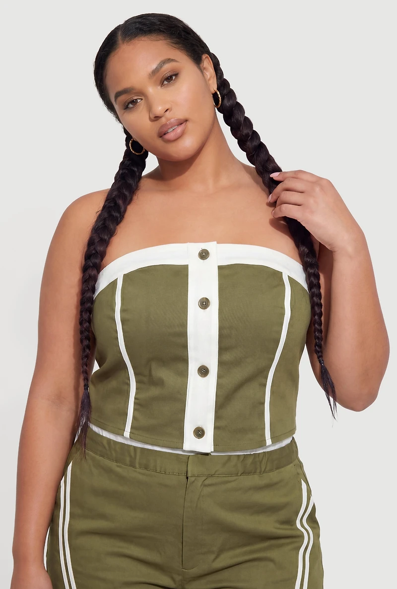 Plus Contrast Trim Faux Button Crop Top