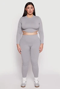 Womens Plus Size Seamless Rib Knit Tie Back Top, Grey, Size 2X-3X