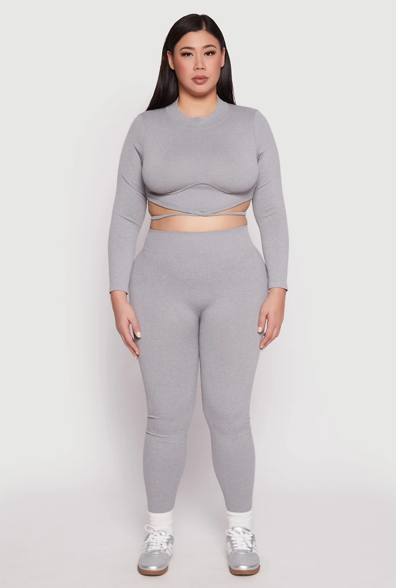 Womens Plus Size Seamless Rib Knit Tie Back Top, Grey, Size 1X-2X