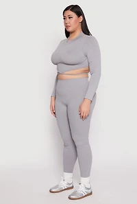 Womens Plus Size Seamless Rib Knit Tie Back Top, Grey, Size 2X-3X