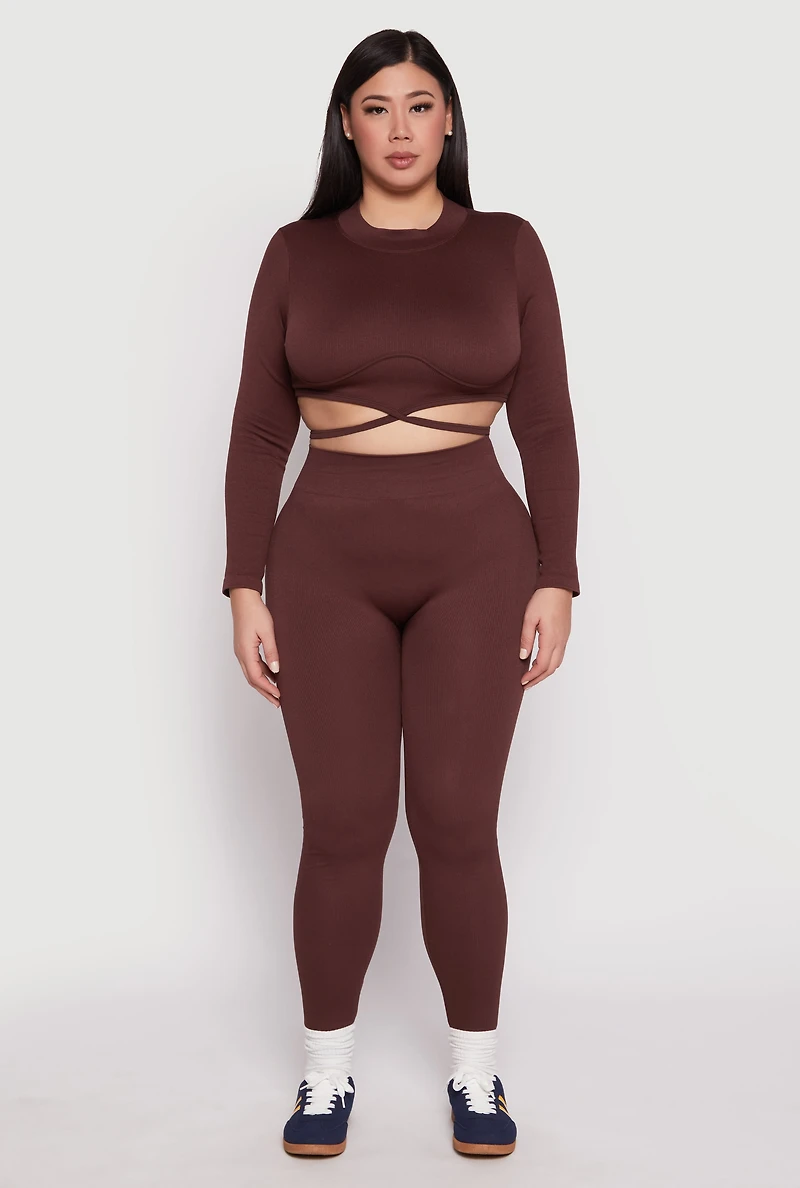 Womens Plus Size Seamless Rib Knit Tie Back Top, Brown, Size 1X-2X