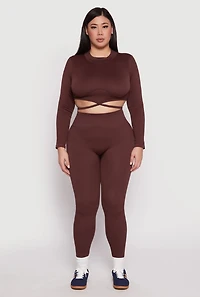Womens Plus Size Seamless Rib Knit Tie Back Top, Brown, Size 1X-2X