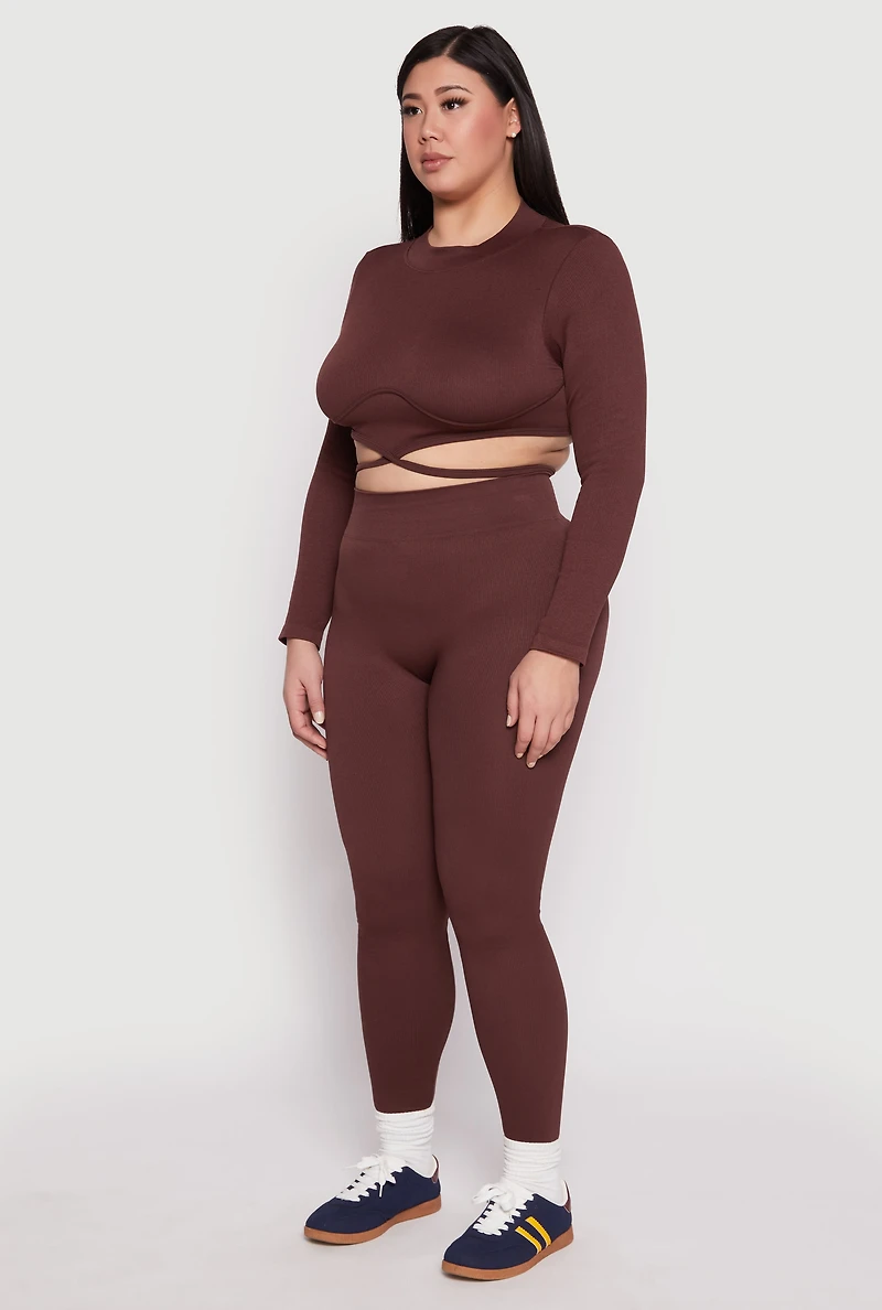 Womens Plus Size Seamless Rib Knit Tie Back Top, Brown, Size 1X-2X