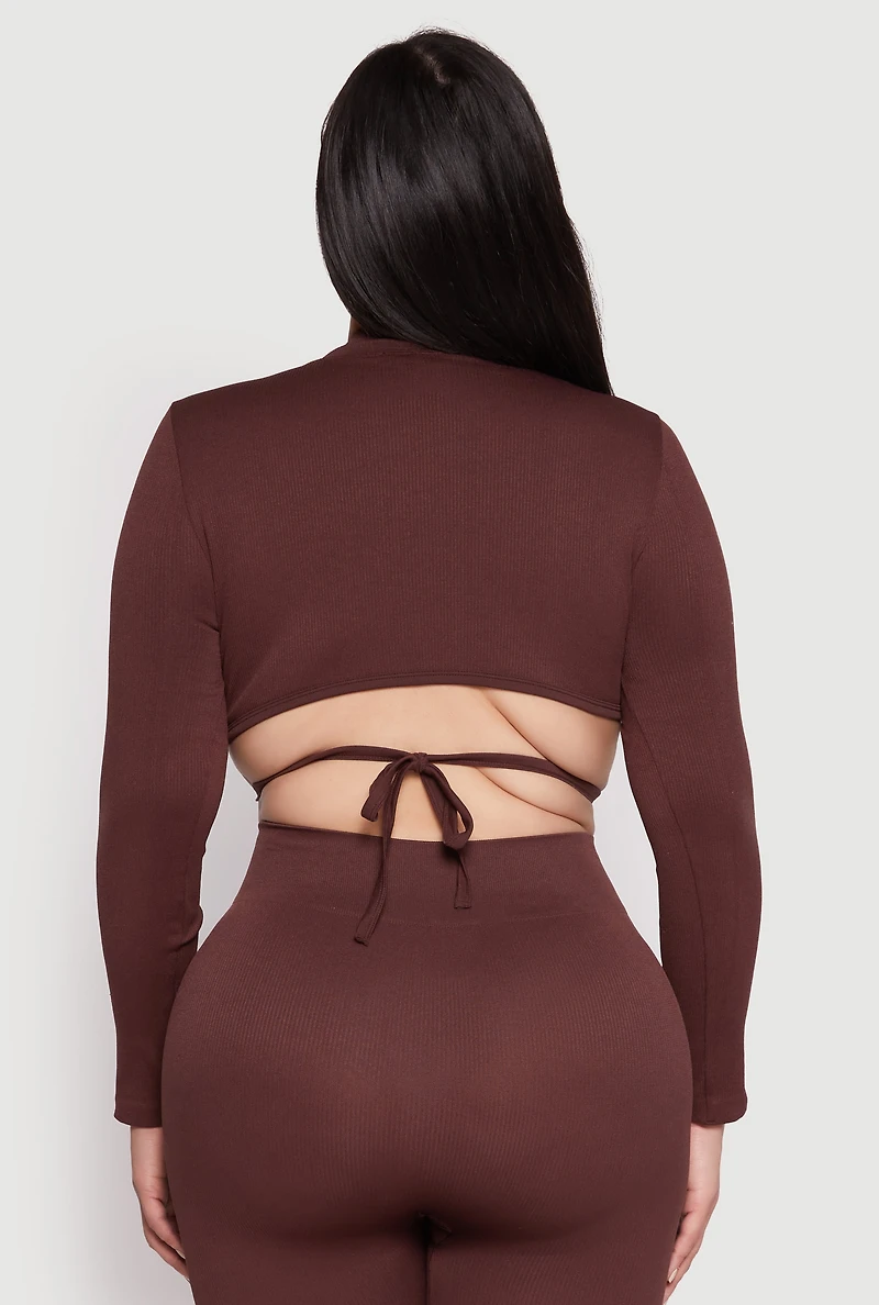 Womens Plus Size Seamless Rib Knit Tie Back Top, Brown, Size 1X-2X