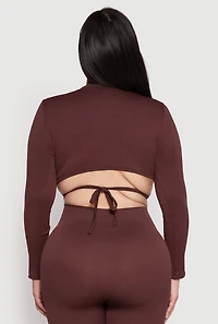 Womens Plus Size Seamless Rib Knit Tie Back Top, Brown, Size 1X-2X