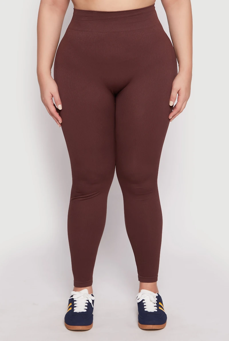 Womens Plus Size Seamless Rib Knit High Waist Leggings, Brown, Size 2X-3X