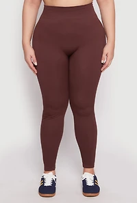 Womens Plus Size Seamless Rib Knit High Waist Leggings, Brown, Size 2X-3X