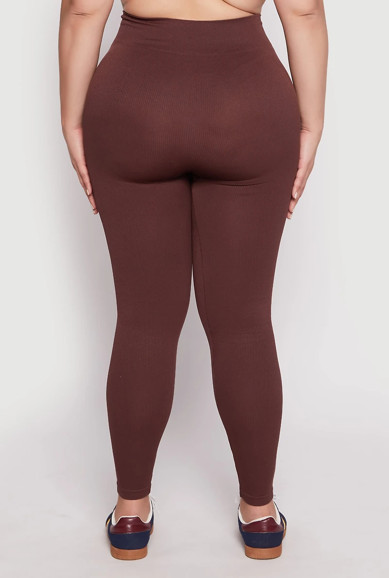 Womens Plus Size Seamless Rib Knit High Waist Leggings, Brown, Size 2X-3X