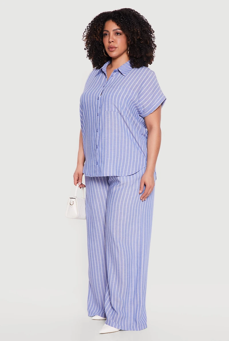 Plus Pinstripe Drawstring Waist Wide Leg Pants