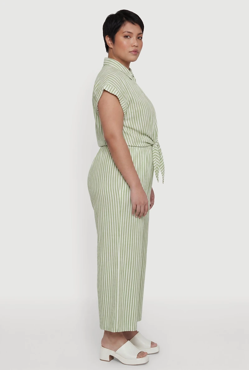 Plus Striped Crepe Knit Tie Front Shirt