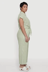 Plus Striped Crepe Knit Tie Front Shirt