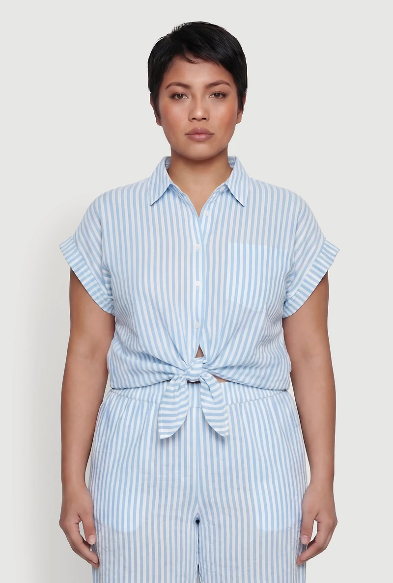 Plus Striped Crepe Knit Tie Front Shirt