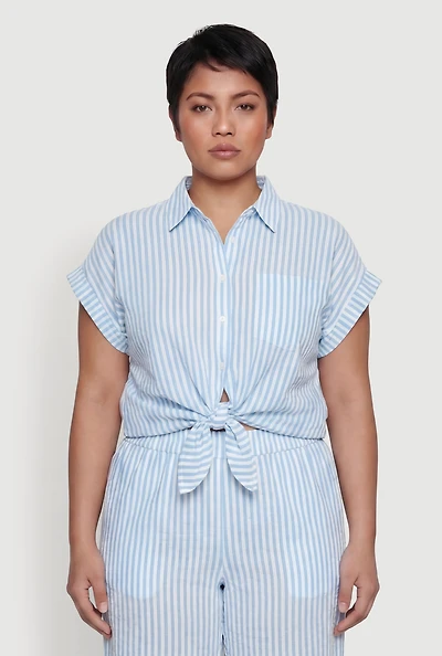 Plus Striped Crepe Knit Tie Front Shirt