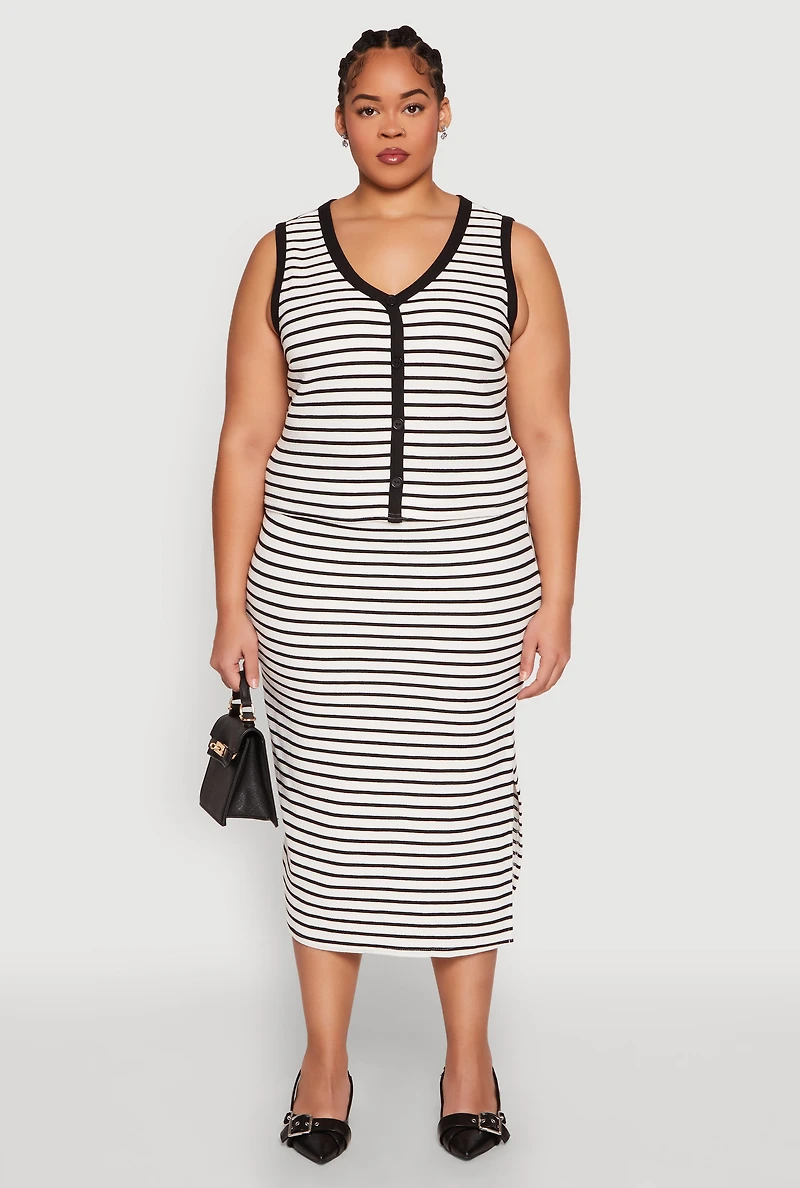 Womens Plus Textured Knit Striped Midi Skirt, Multi,