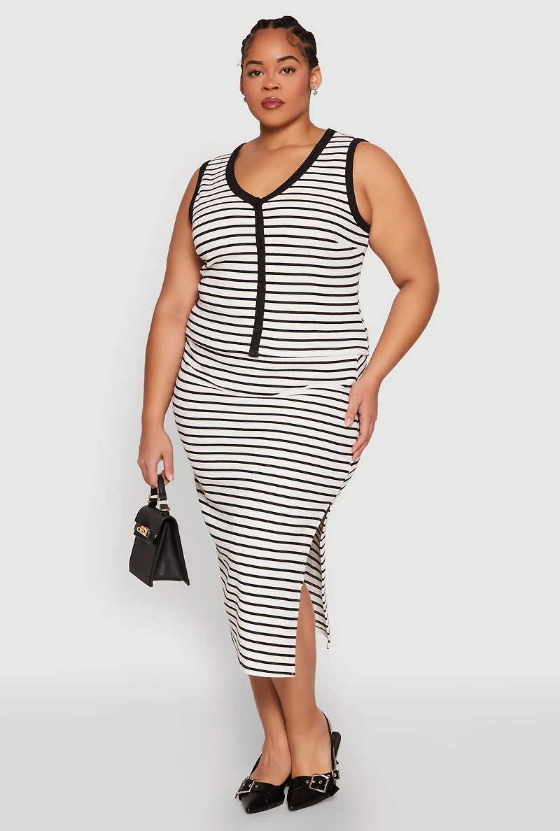 Womens Plus Size Textured Knit Striped Midi Skirt, Multi, Size 1X