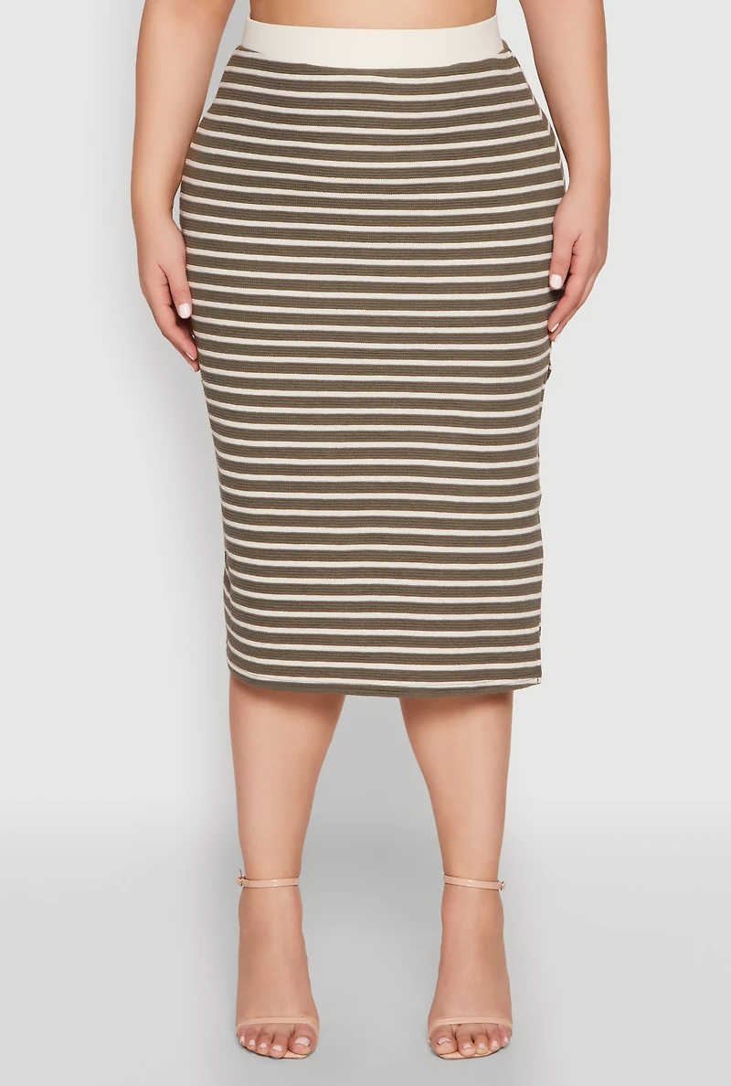 Womens Plus Textured Knit Striped Midi Skirt, 3X