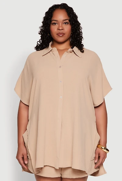 Womens Plus Size Airy Oversized Slit Hem Shirt, Beige, Size 3X
