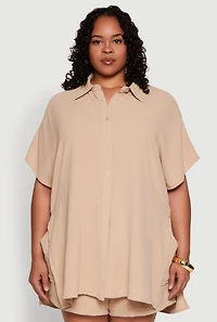 Womens Plus Size Airy Oversized Slit Hem Shirt, Beige, Size 3X