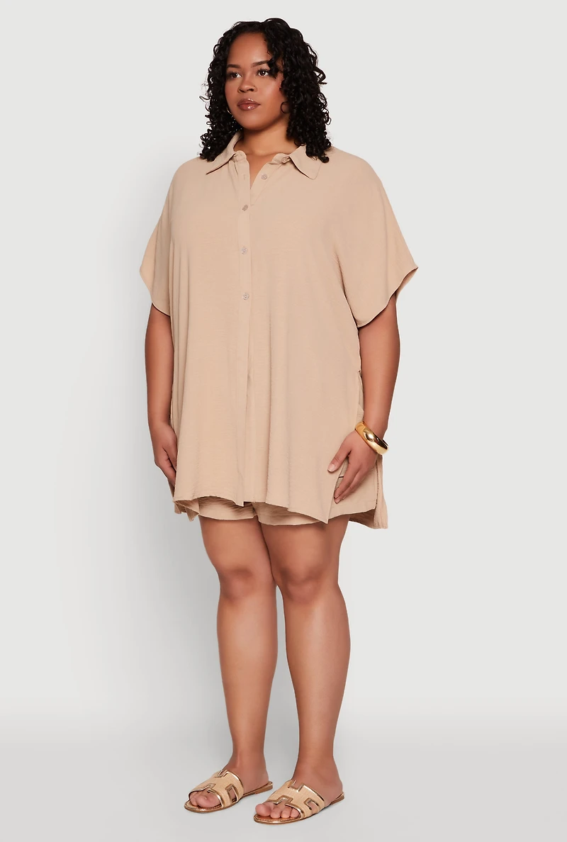 Womens Plus Size Airy Oversized Slit Hem Shirt, Beige, Size 2X