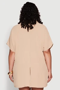 Womens Plus Size Airy Oversized Slit Hem Shirt, Beige, Size 3X